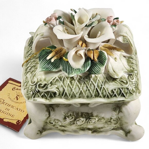 Casa Elite Capodimonte Porcelain Trinket Box Floral Top Vintage Italy Style - Picture 5 of 10